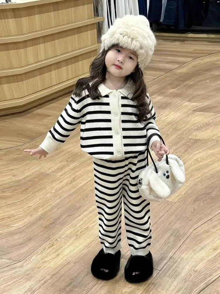 

Girls' Knitted Cardigan Set Autumn/Winter Children's Baby Thick Sweater Straight Leg Pants 2-piece Set