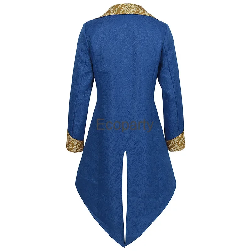 Mens Medieval Victorian Tuxedo Jacket Blue Jacquard Fabric Steampunk Prince Cosplay Costume Halloween Party Renaissance Overcoat