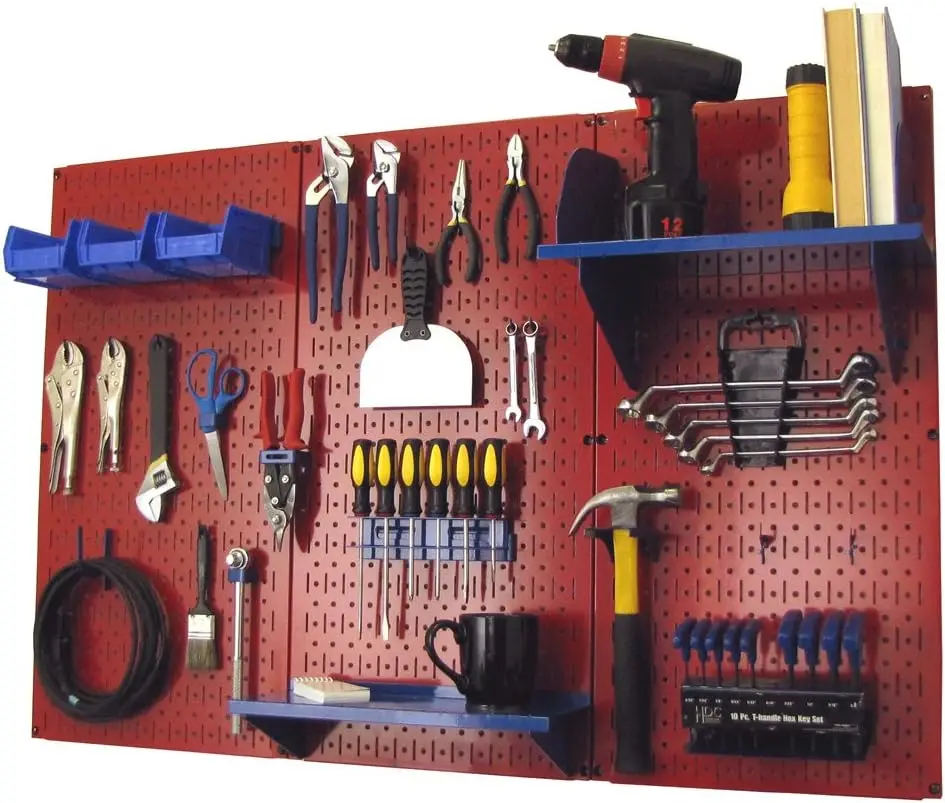 Pegboard Organizer Wall Control 4 ft. Metal Pegboard Standard Tool Storage Kit with Red Toolboard and Blue Accessories