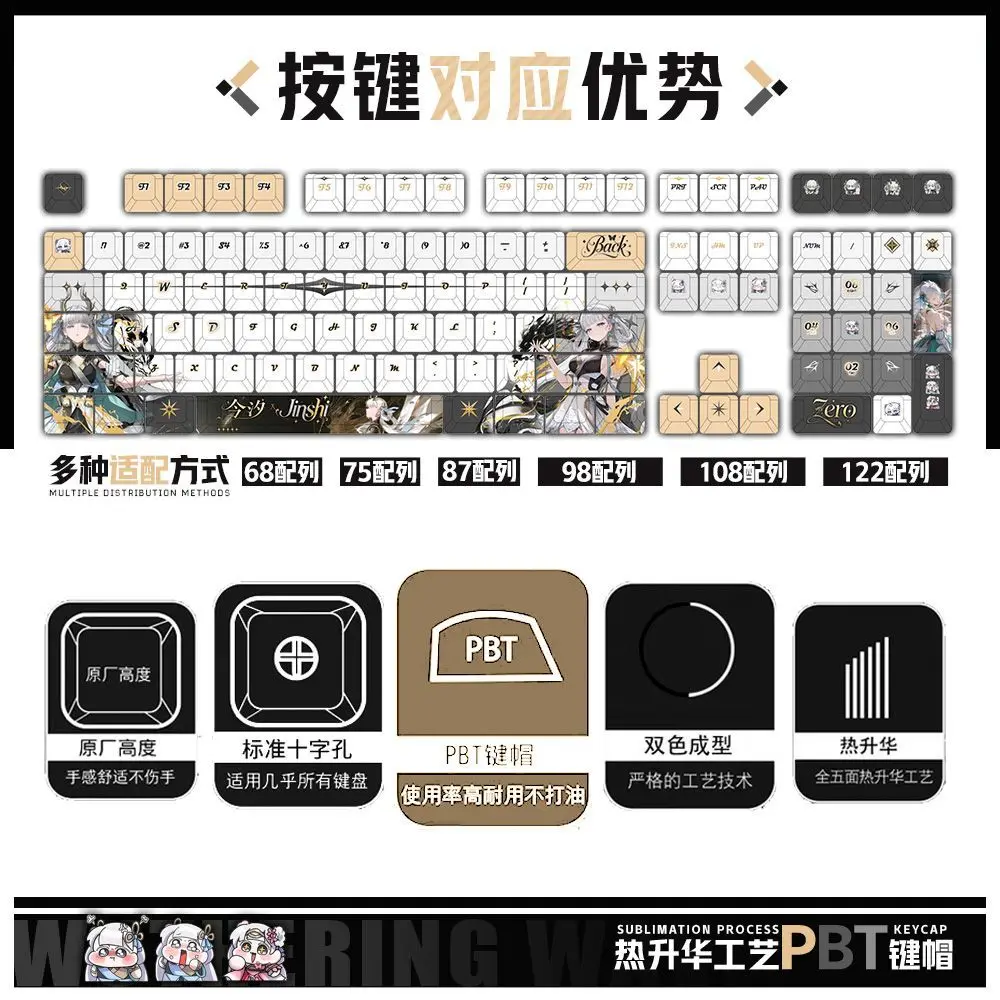 122 Key Wuthering Waves Custom Keycaps Anime Game Chreey PBT Transparent KeyCaps for Made68 Mad68 Wooting 60 Mechanical Keyboard