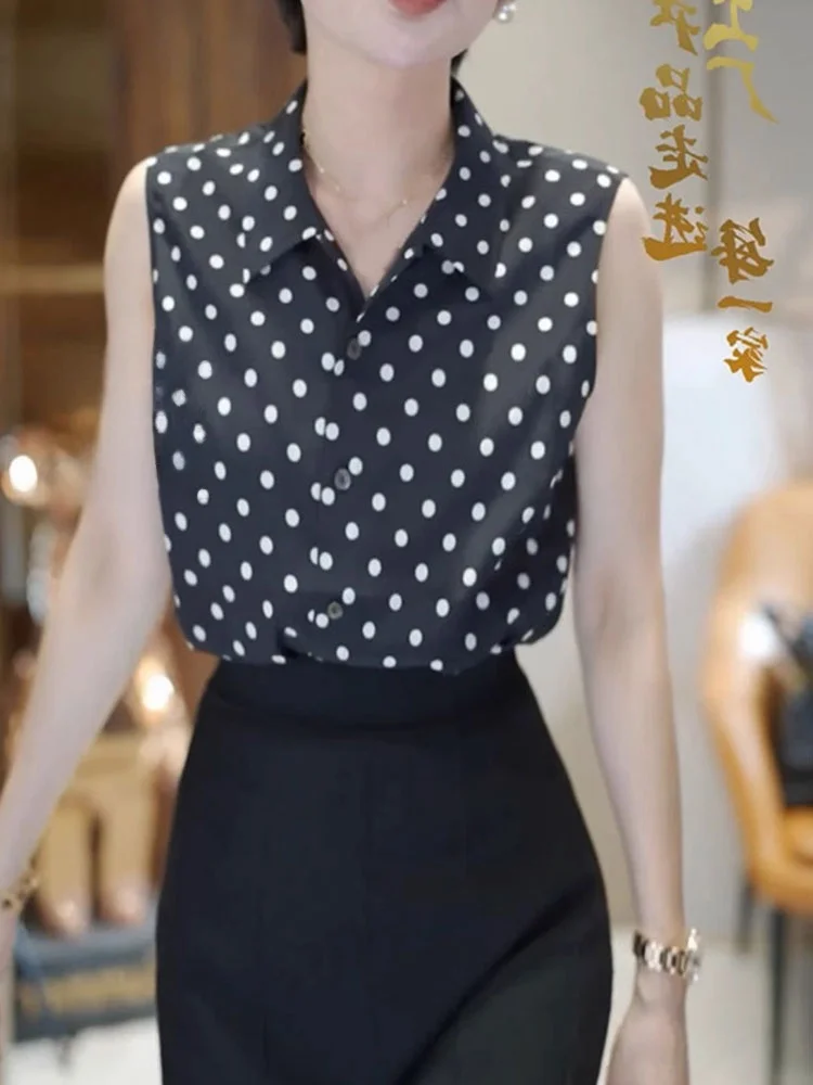 Polka Dot Design Single Button Svel irt 2025 Summer Faion Top Slimming Korean Sle Straight Cut Silk Vest