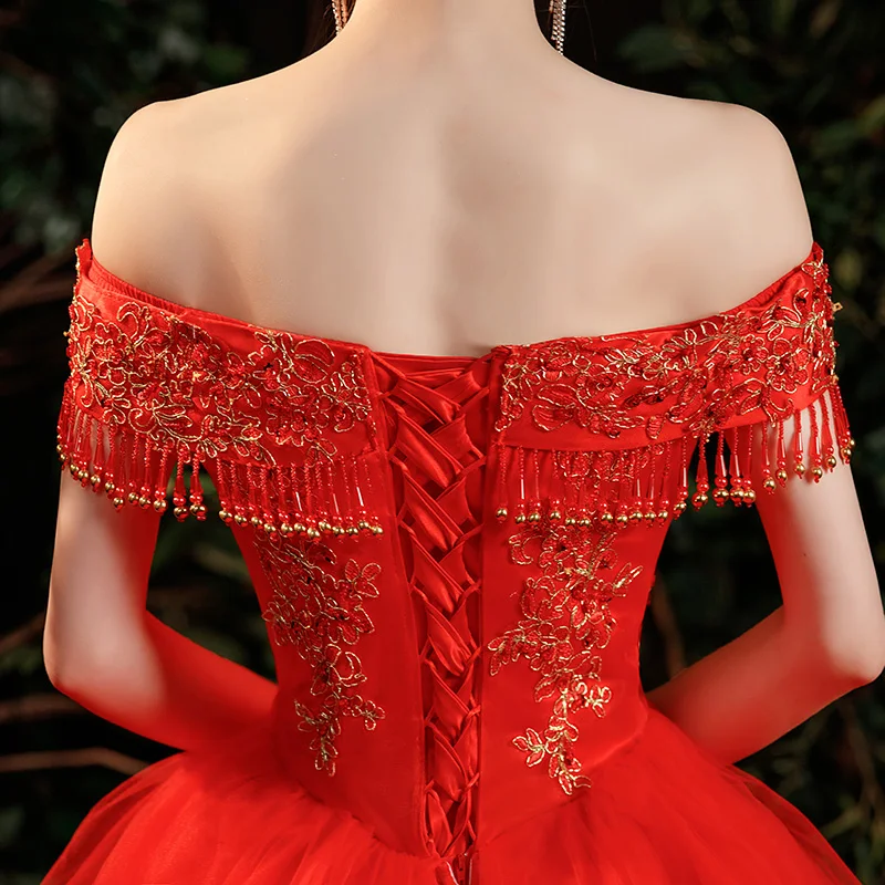 Robe de mariée rouge brodée à lacets, de luxe avec queue, pour le carnaval de noël, vente en gros, # PRXD-180