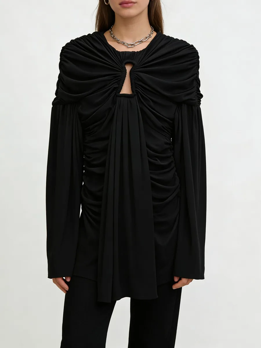 TWOTWINSTYLE الصلبة الجوف خارج تقسم طيات فساتين الموضة للنساء الجولة الرقبة طويلة الأكمام المرقعة الشريط فستان أنثى جديد