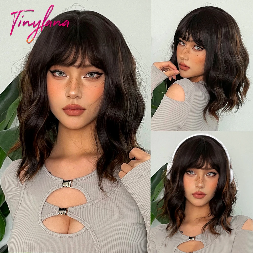 Dark Brown Mixed Golden Short Bob Synthetic Wigs with Bangs for Women Water Wave Natural Hair Wig Daily Cosplay Heat Resistant