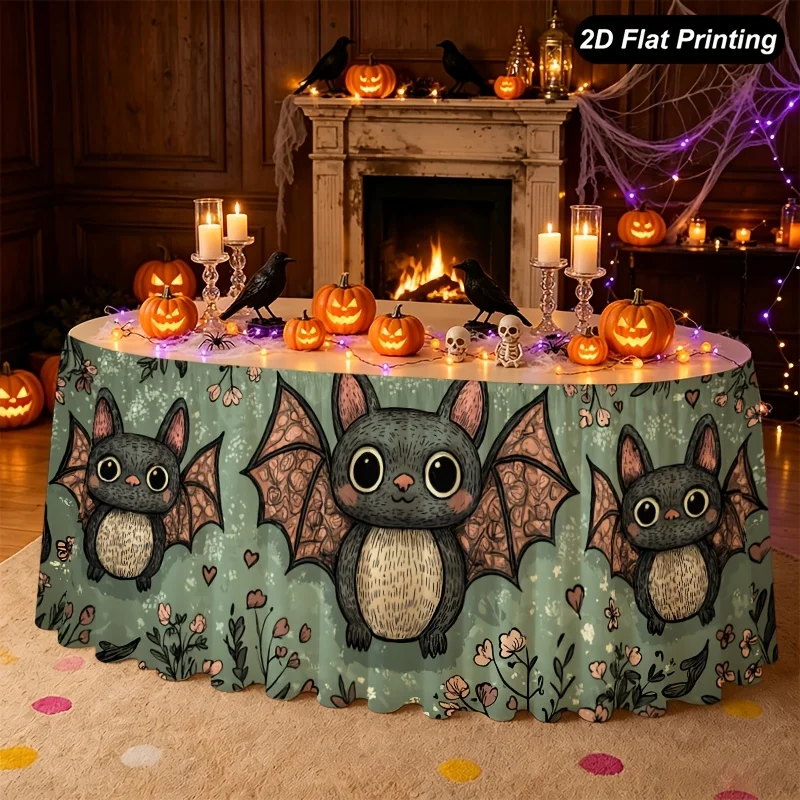 Halloween table skirt, with a green base featuring cartoon bat-shaped flowers and leafy mandala patterns.