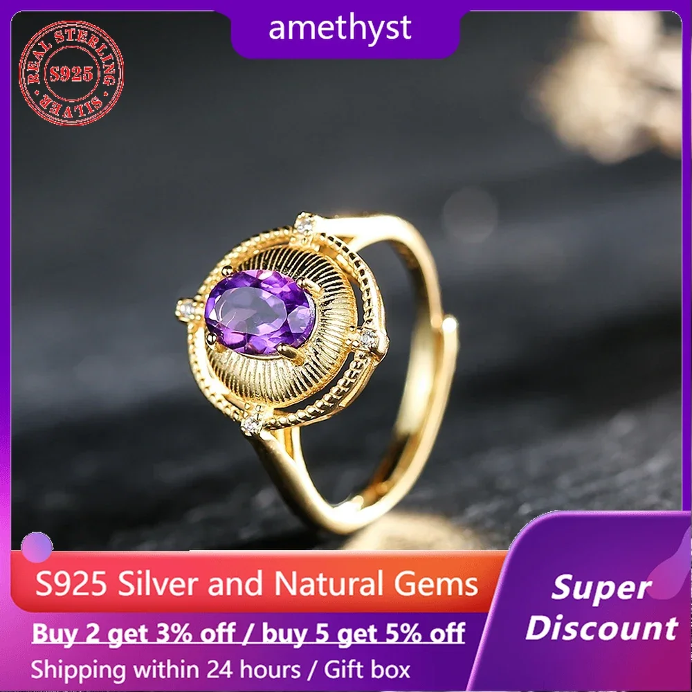 

New S925 sterling silver plated 18k gold ring set with natural amethyst women's ring, bridal jewelry accessories, birthday gift