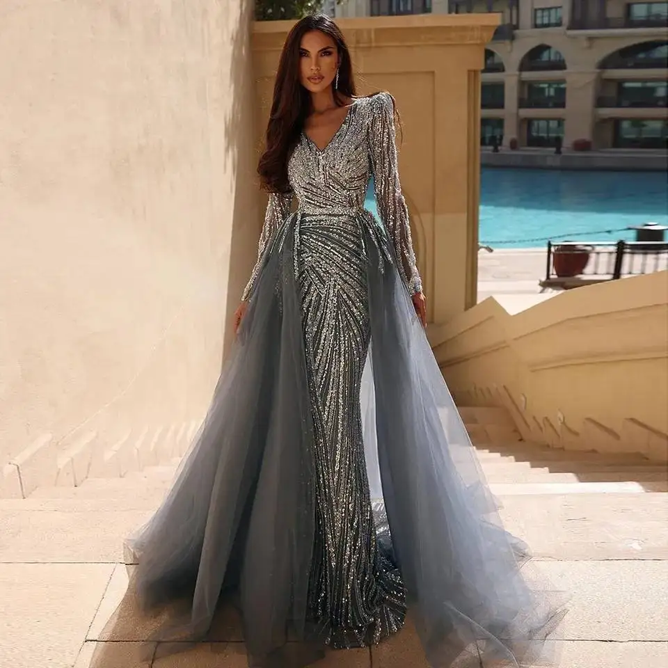 

Lakshmigown Luxury Beading Evening Gowns Detachable Skirt 2023 Arabic Women Long Sleeve Mermaid Prom Dresses For Weddings