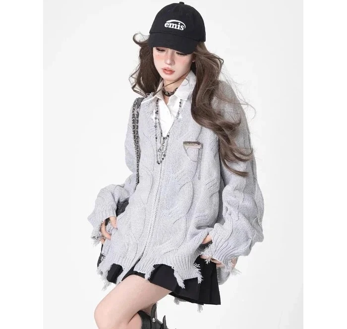 

Кардиган с v-образным вырезом, женский кардиган на молнии, винтажный модный рваный вязаный свитер в стиле хип-хоп, осенний дизайн, уличная одежда Y2K