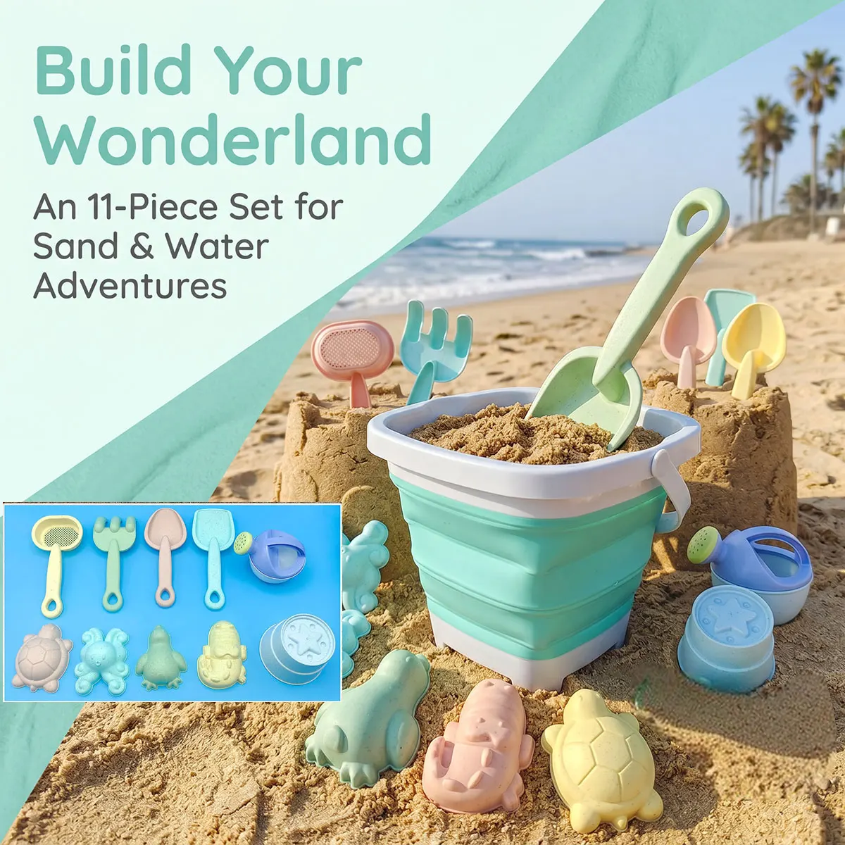 1/11 Beach Sand Play Water Set Folding Bucket Summer Toys for Children Kids Outdoor Game Sandbox Accessories Color Random