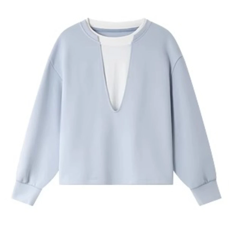 VIMLY 2 in 1 Women's Blue Sweatshirt Ladies Spring V-neck Long Sleeve Tops for Woman 2025 Casual Pullover Female Clothing A0296