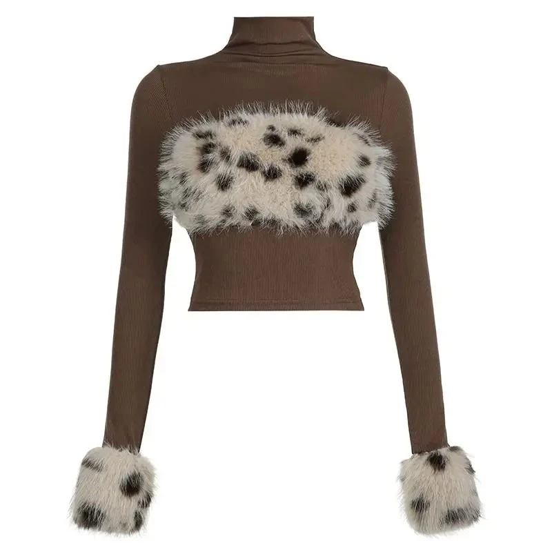 Autumn and Winter Temperament Splicing Leopard Print High Neck Long Sleeved T-shirt Slim Fit Short Style Slimming Bottom Top - Image 5