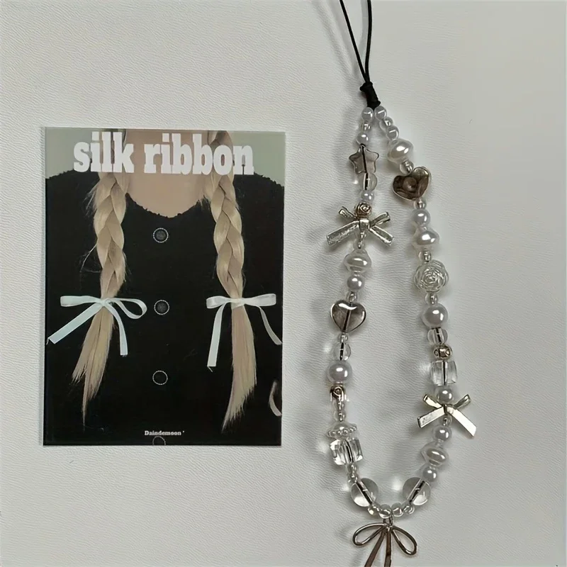 

Korean Cute Ribbon Bow Love Heart Phone Chain Lanyard Charm Strap Bowknot Pendant for IPhone Samsung Phone Accessories Girl Gift