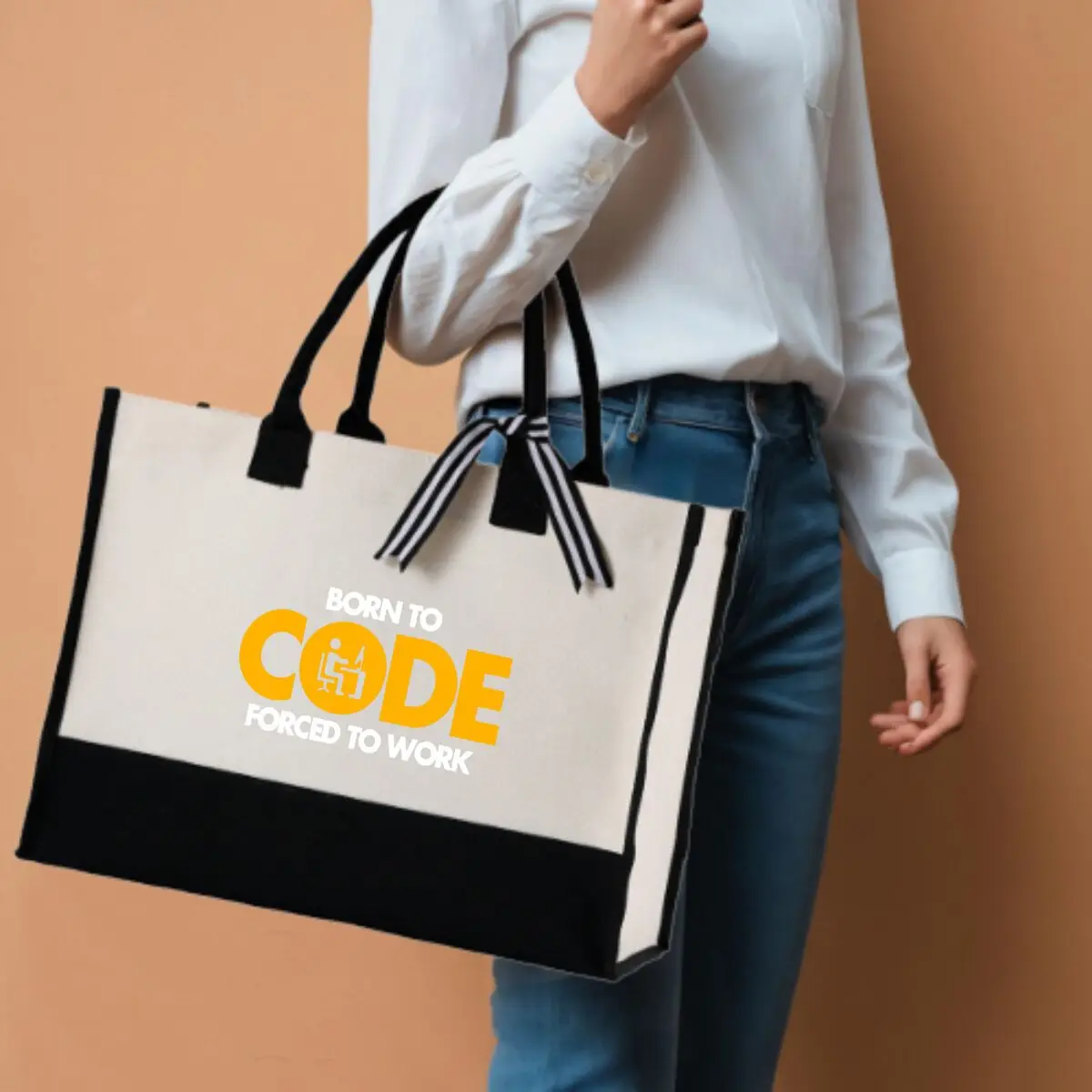 Born To Code Forced To Work Text Modische Patchwork-Geschenktasche aus Segeltuch für Partygeschenke