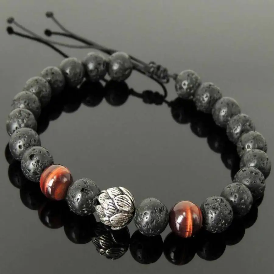 

Natural Lava Rock Bead Bracelet Men's Tiger Eye Stone Lotus Charm Adjustable Wristband 8MM