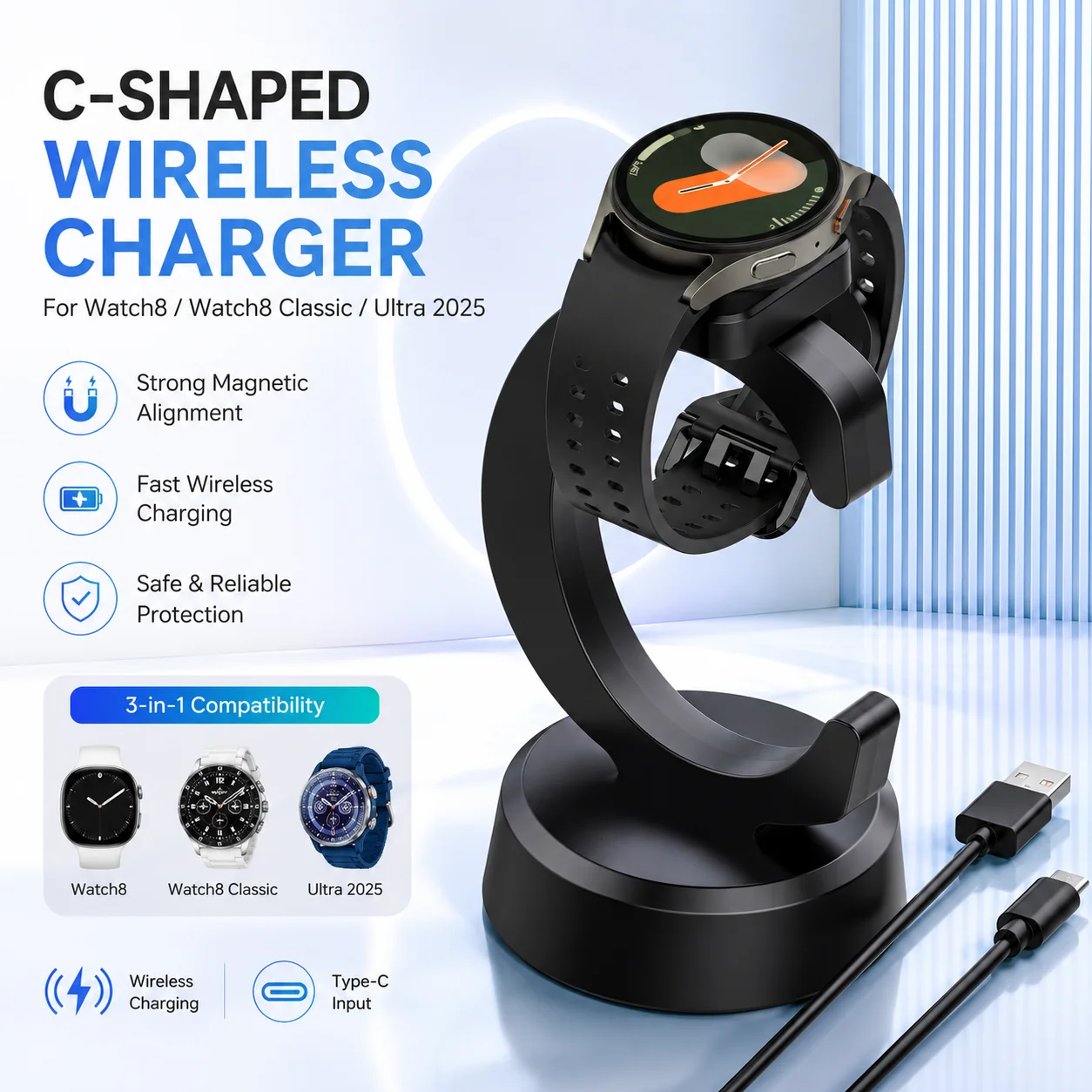 Charger Stand for Galaxy Watch Ultra 2025/8/7/6/5/4 - Magnetic Wireless Charging,Smart Watch Charger,Type-C Port,Watch Accessory