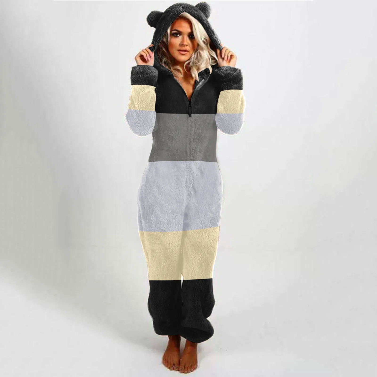 Plus Patchwork Zipper Onesies for Women Fluffy Fleece Hooded Pajamas for Women Winter Warm Plush Sleepwear Loungwear Jumpsuits