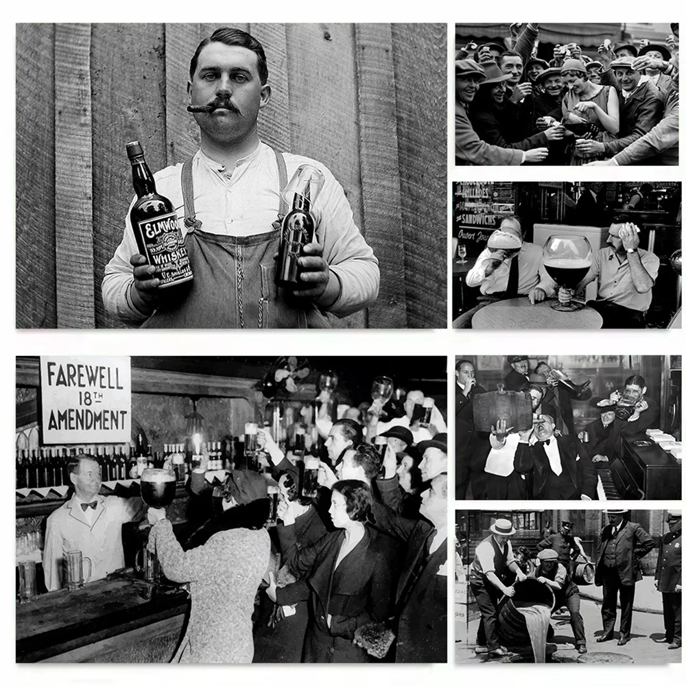 Printed Materials From The American Prohibition Era, 1920s, Black and White Vintage Photos, Featuring Beer, Wine, and Home Decor