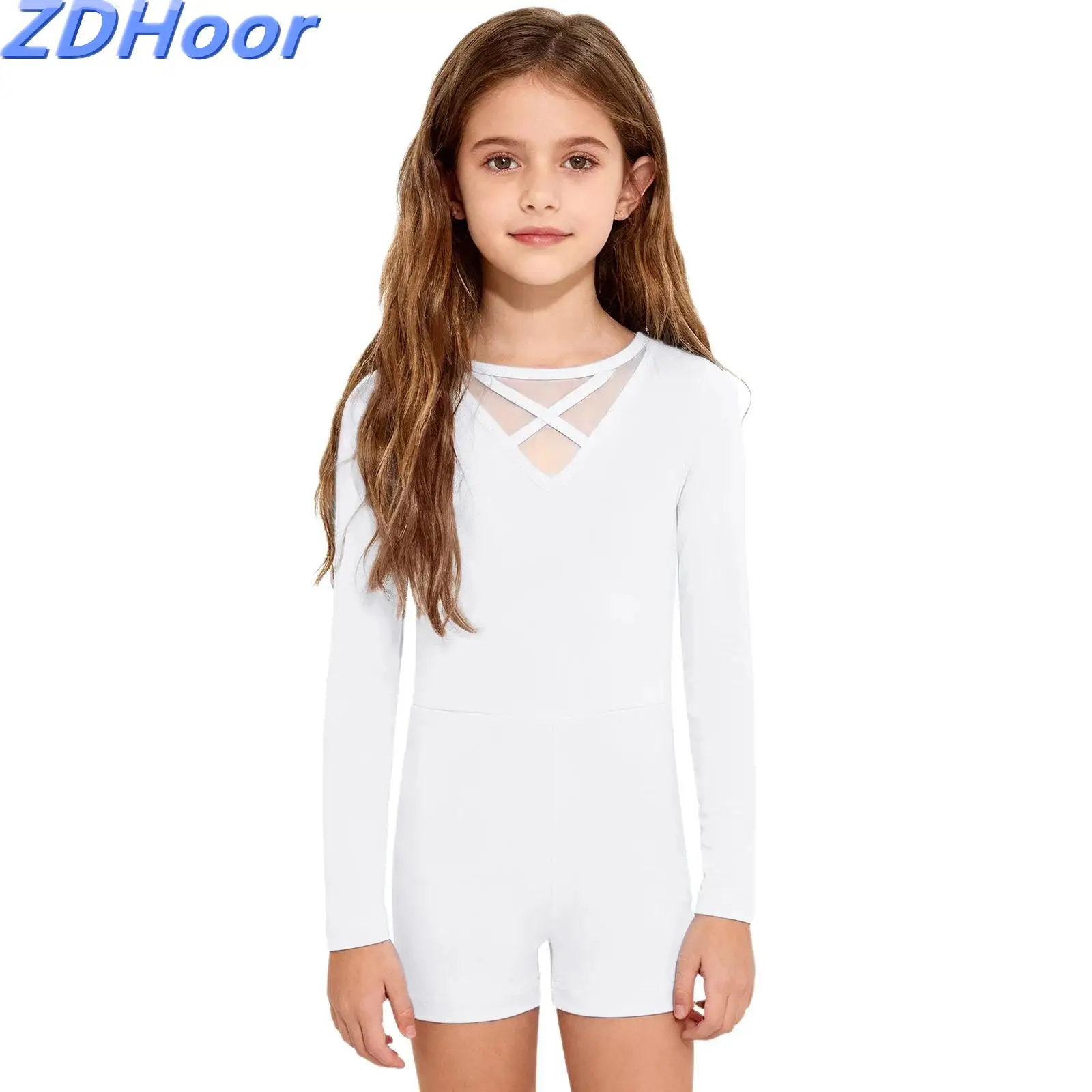 

Kids Girls Gymnastics Jumpsuit Ballet Dance Bodysuit Long Sleeves Sheer Mesh Cross Front Back Dancewear