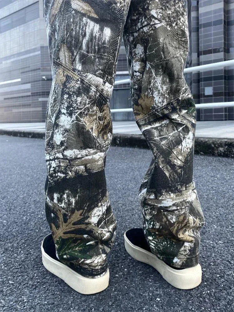 Streetwear Vibe Camouflage Pants Men Trendy Zip up Straight Trousers Mens Spring Summer Vintage Slim Cargo Pants Men's Cleanfit