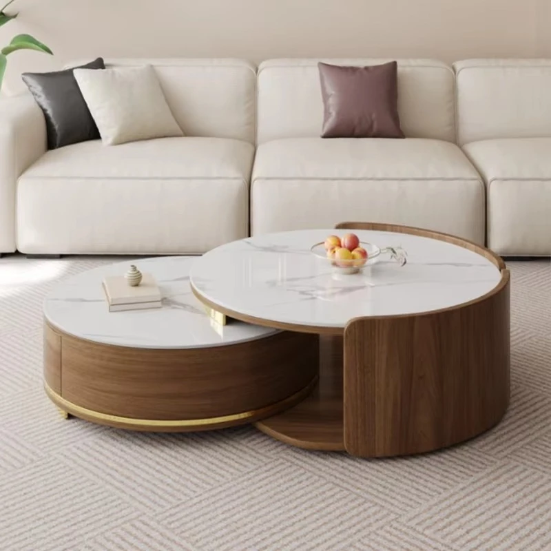 Light luxury simple wooden round coffee table retro center table set
