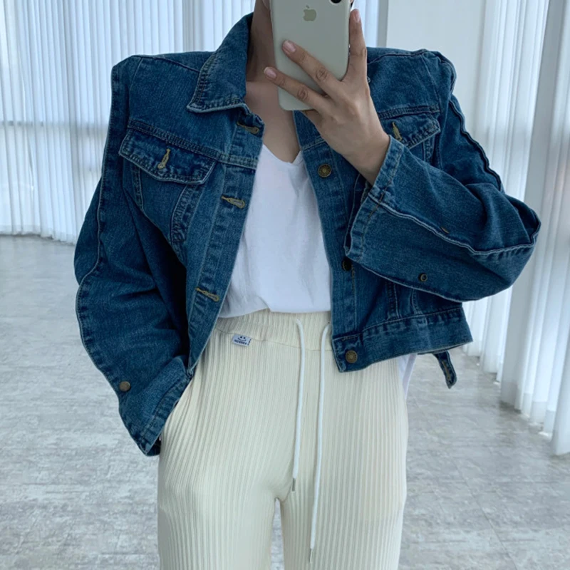 Retro risvolto ort waed blu denim Jaet polsino allentato design chic primavera tuta sportiva da donna cotone colore puro pendolari Sle