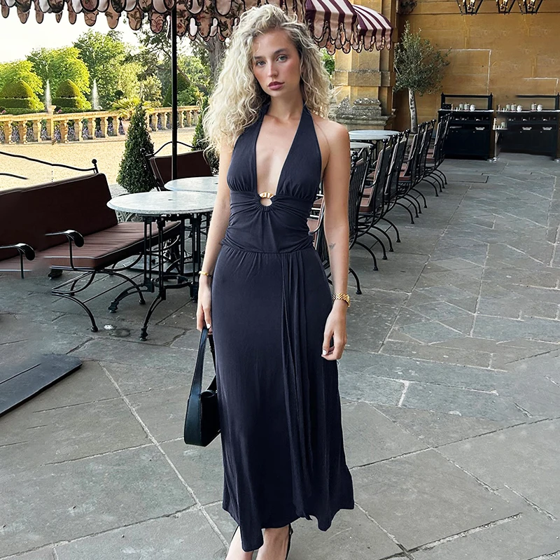 

Ticketsx Summer Deep V Neck Hollow Out Lace Up Sleeveless Dress Solid Backless Halter Neck Slim Long Dress Party Evening Dress