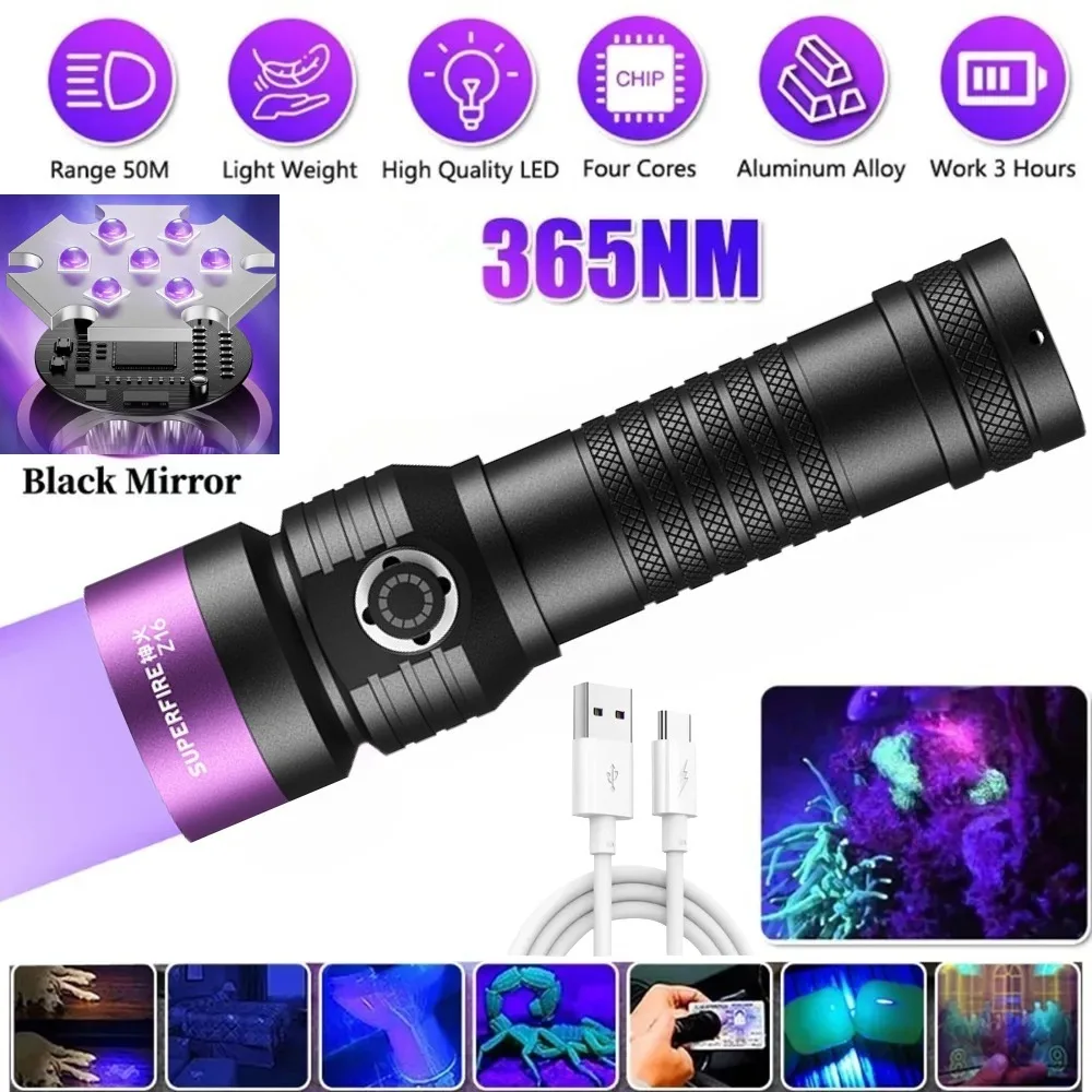 

УФ-фонарь 365 нм с черным зеркалом, ультрафиолетовый фонарь для обнаружения денег, флуоресцентных веществ, пятен мочи животных, скорпионов, смолы