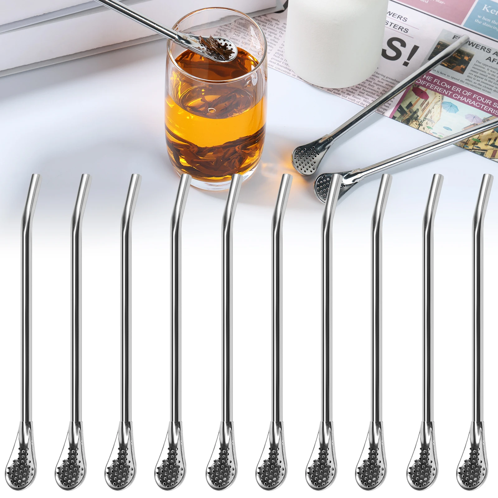 3/10Pcs Silver Stainless Steel Drinking Straws Washable Reusable Yerba Mate Tea Spoon Filter Straw for Cocktail Bar Accessories