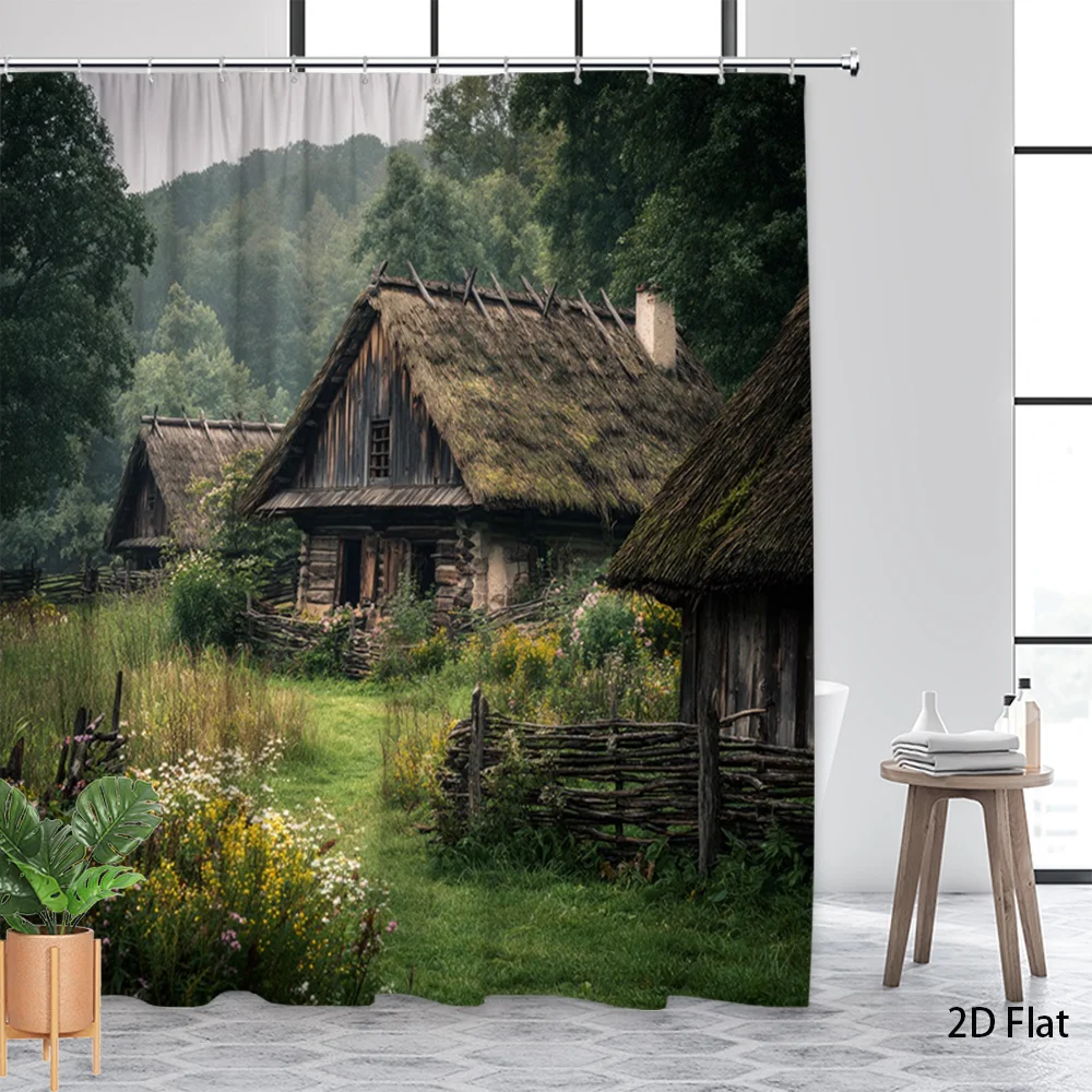 Rustic Cottage Village Scene Shower Curtain Waterproof Bathroom Decor Farmhouse Style Greenery Shower Curtain