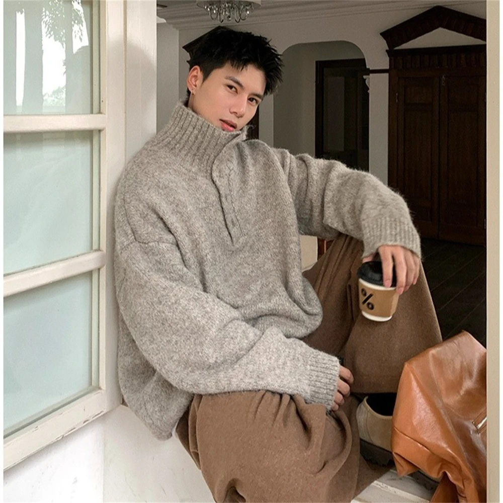 

2026 New Men High Collar Knitted Sweater Button Up Autumn Winter Warm Outerwear Loose Lazy Style Fashion Turtleneck Knit Sweater