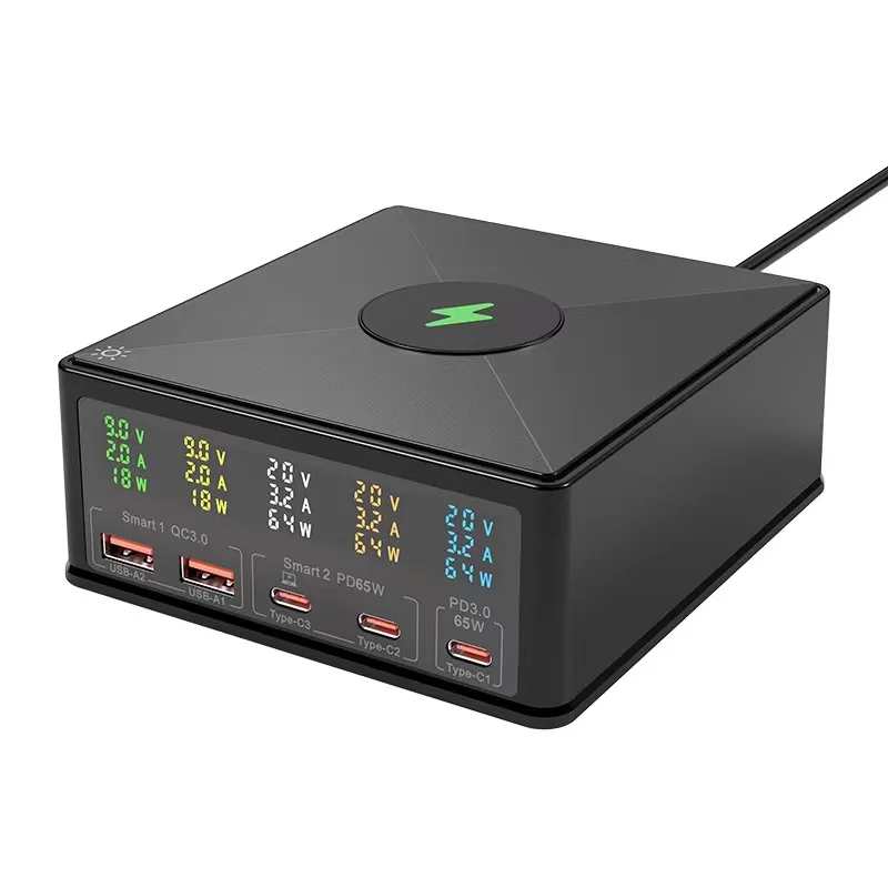 

160W USB Charging Station 5Port USB C Fast Charger Hub with 15W Wireless Charging PD 65W USB-C & QC3.0 for Phone Laptop