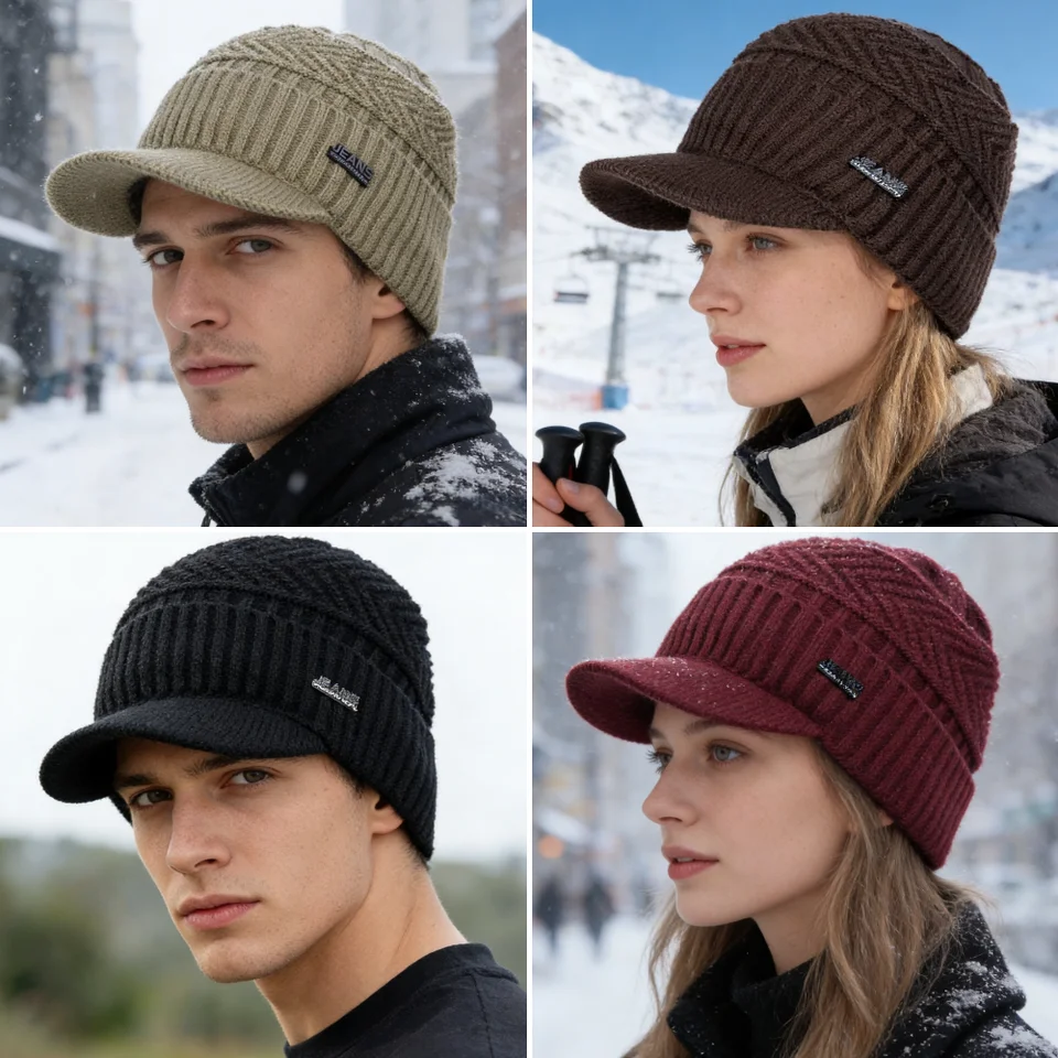 Unisex Warm Winter Hats Stylish Add Fur Lined Soft Beanie Cap With Brim Thick Winter Knitted Hats For Men & Women Dropshipping, image 6