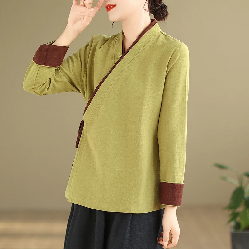 بلوزات نسائية صيفية من القطن والكتان بأكمام طويلة ورباط علوي ملابس شاي Hanfu Zen بلوزة فضفاضة على الطراز الصيني التقليدي