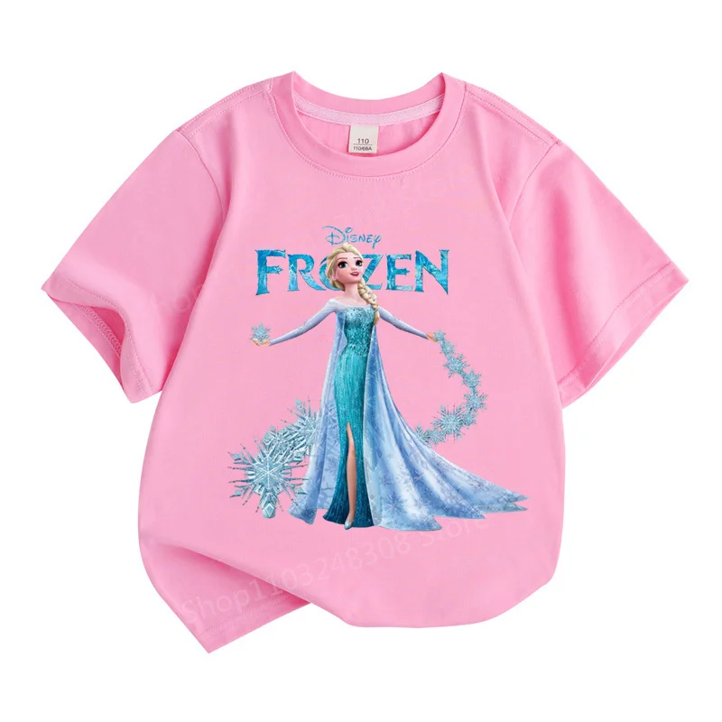 2024 New Design Cartoon Disney Frozen Princess Children 100%Cotton Girl Printed Street Casual Short Sleeve T-Shirt Girls Clothes