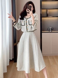 Elegant Lady Fashion Autumn Two Piece Set Women's Single Breasted Jacket Coat + High Waist A Line Mid Skirt Suits Casual Suits