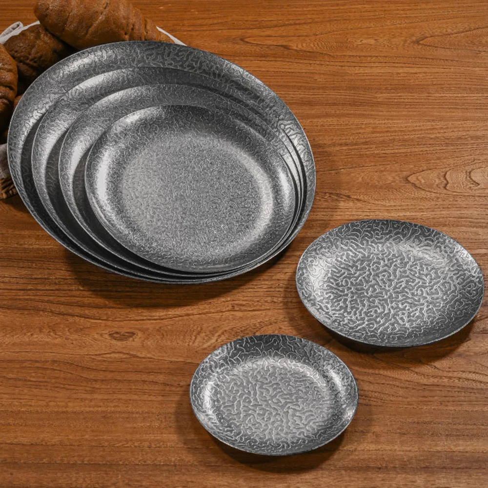 

Retro stainless steel hammer patterned tray, Extra thick Western style steak plate, Coffee Shop Shallow Plate, Barbecue tray