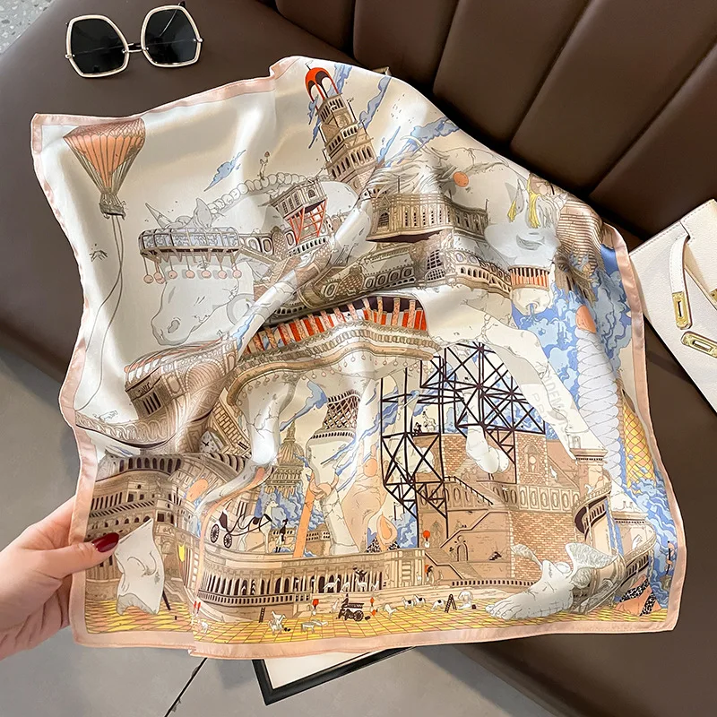 

Luxury Brand City Building Print 100% Silk Scarf Women Neckerchief Necktie Women Square Head Scarves Hijab for Hair Wrapping