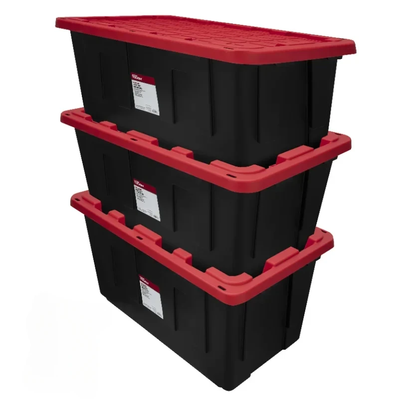 Hyper Tough 40 Gallon Snap Lid Plastic Storage Bin Container, Black with Red Lid, Set of 3storage  storage boxes  storage box