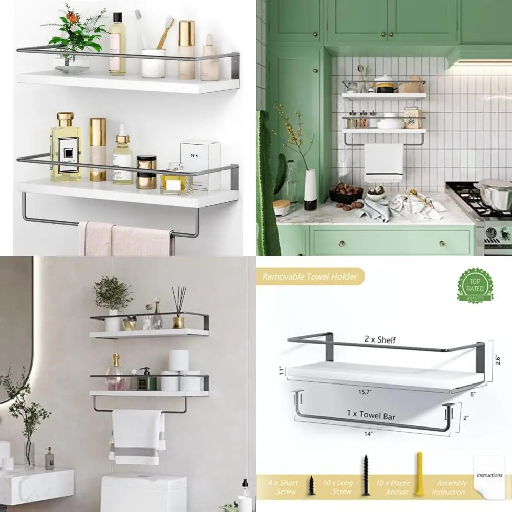 

Onlysky белые плавающие полки с темно-серой вешалкой для полотенец - набор из 2-х настенных подвесных полок для ванной комнаты, декоративные полки для