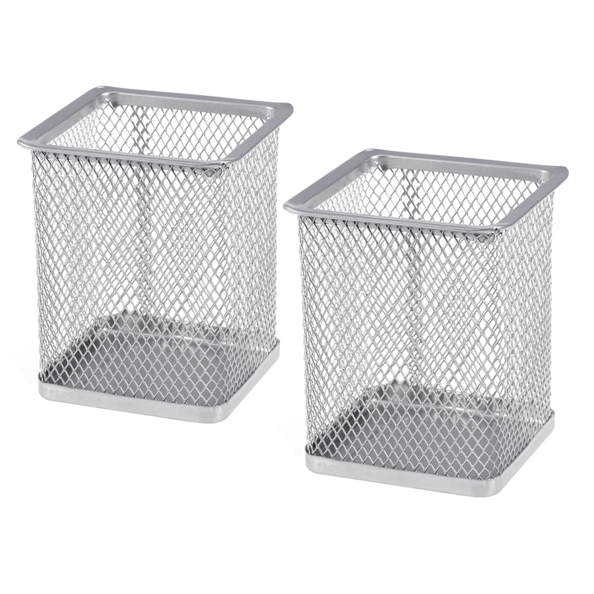 

2pcs Metal Mesh Pencil Holder Silver Square Pen Container For Desk Storage Lightweight Organizer Stationery Tray