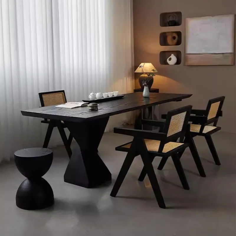 Wabi-sabi ash wood carbonized zen tea table log large board table home desk creative design minimalist tea table