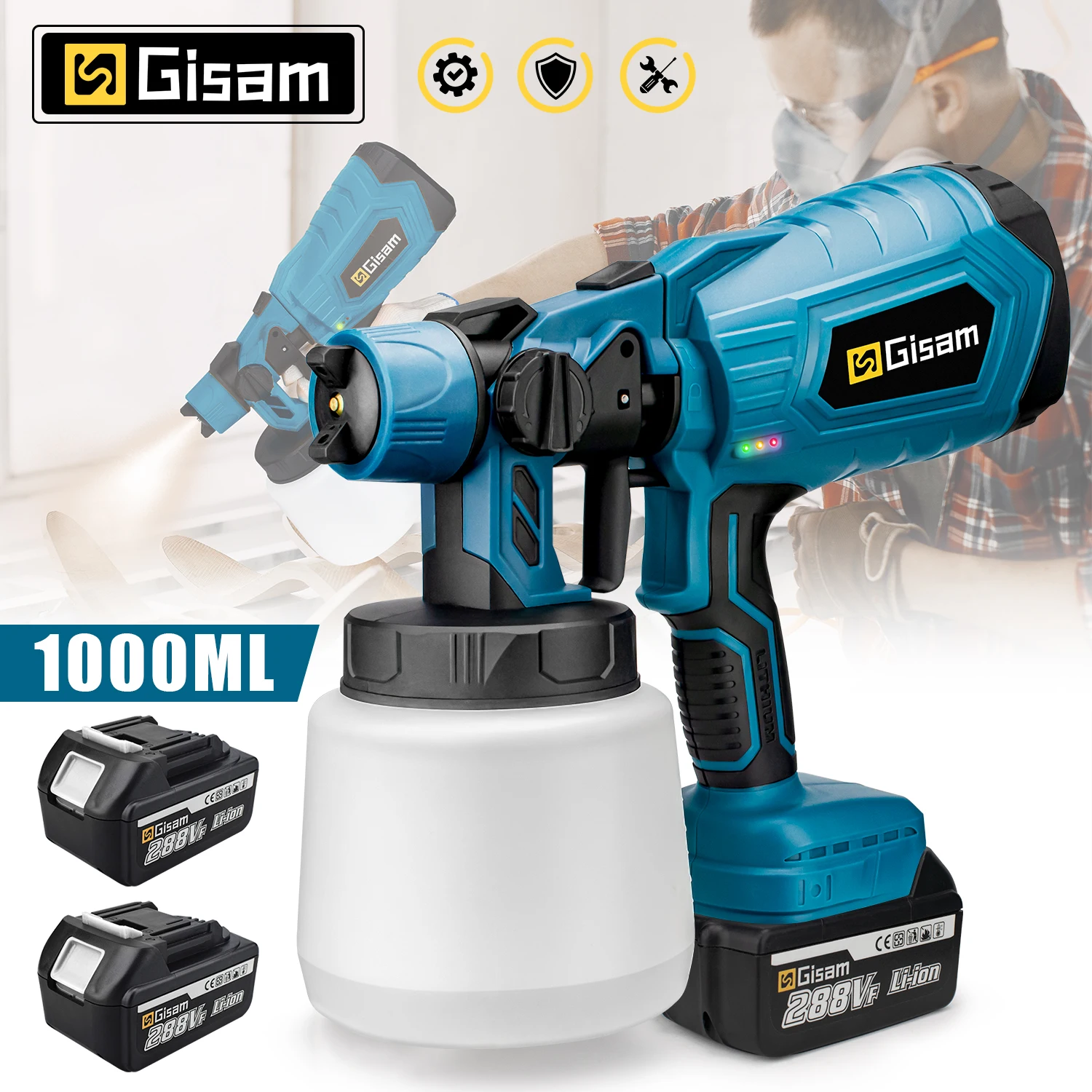 Gisam 1000Ml Elektrische Spuitpistool Thuis Draadloze Verfspuit Hvlp Auto Meubelen Stalen Coating Airbrush Voor Makita 18V Batterij