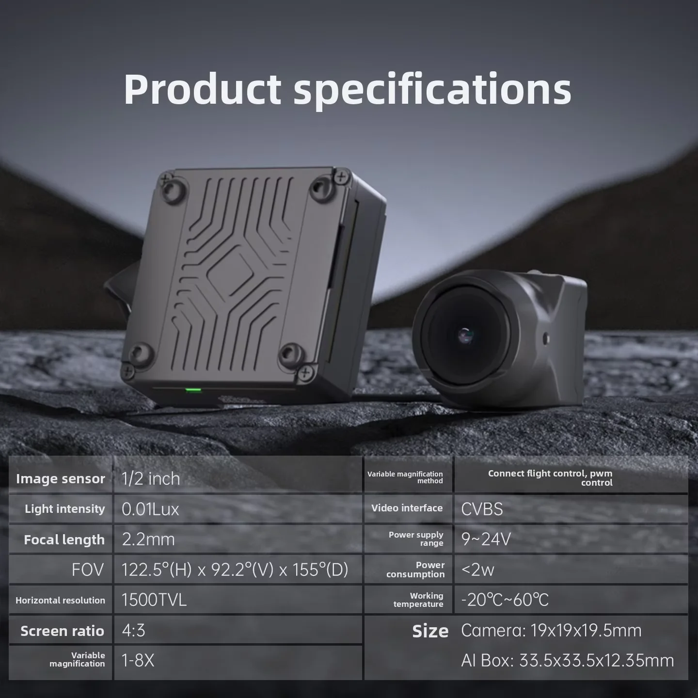 กล้อง CADDXFPV Farsight กล้องอนาล็อกซูมอัจฉริยะด้วย AI พร้อมกล่อง AI ความสว่าง 0 ลักซ์ 122.5 °   FOV 1500TVL 1-8x ซูมเร็วสำหรับโดรน RC FPV