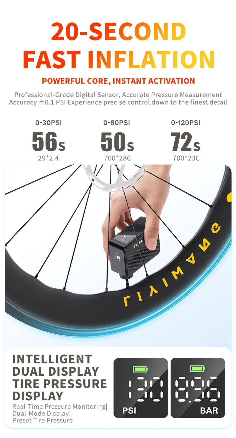 TOWILD A13 Elektrischer Fahrrad-Luftpumpe, max. 130 PSI, tragbare Mini-Luftpumpe für AV/FV-Reifen, Outdoor-Fahrradzubehör – Detail 8