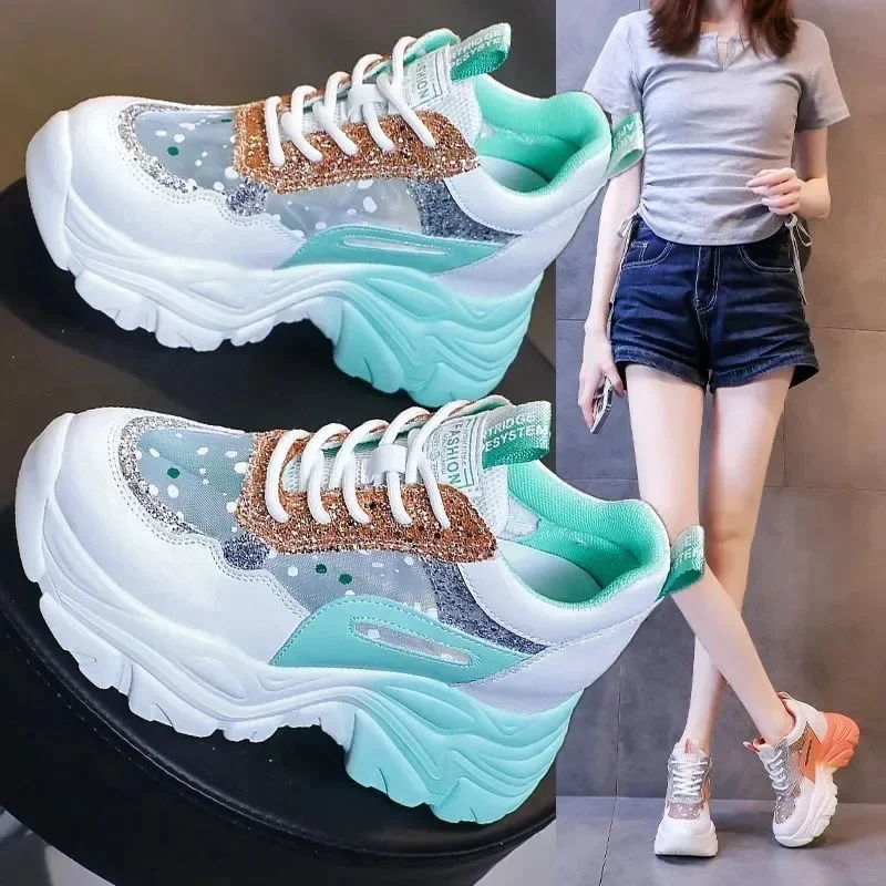 Shoes for Women Platform Shoes Autumn Women Casual Breathable Mesh Sequin Sneakers Wedges Sports Lace-up Non-slip Shoes