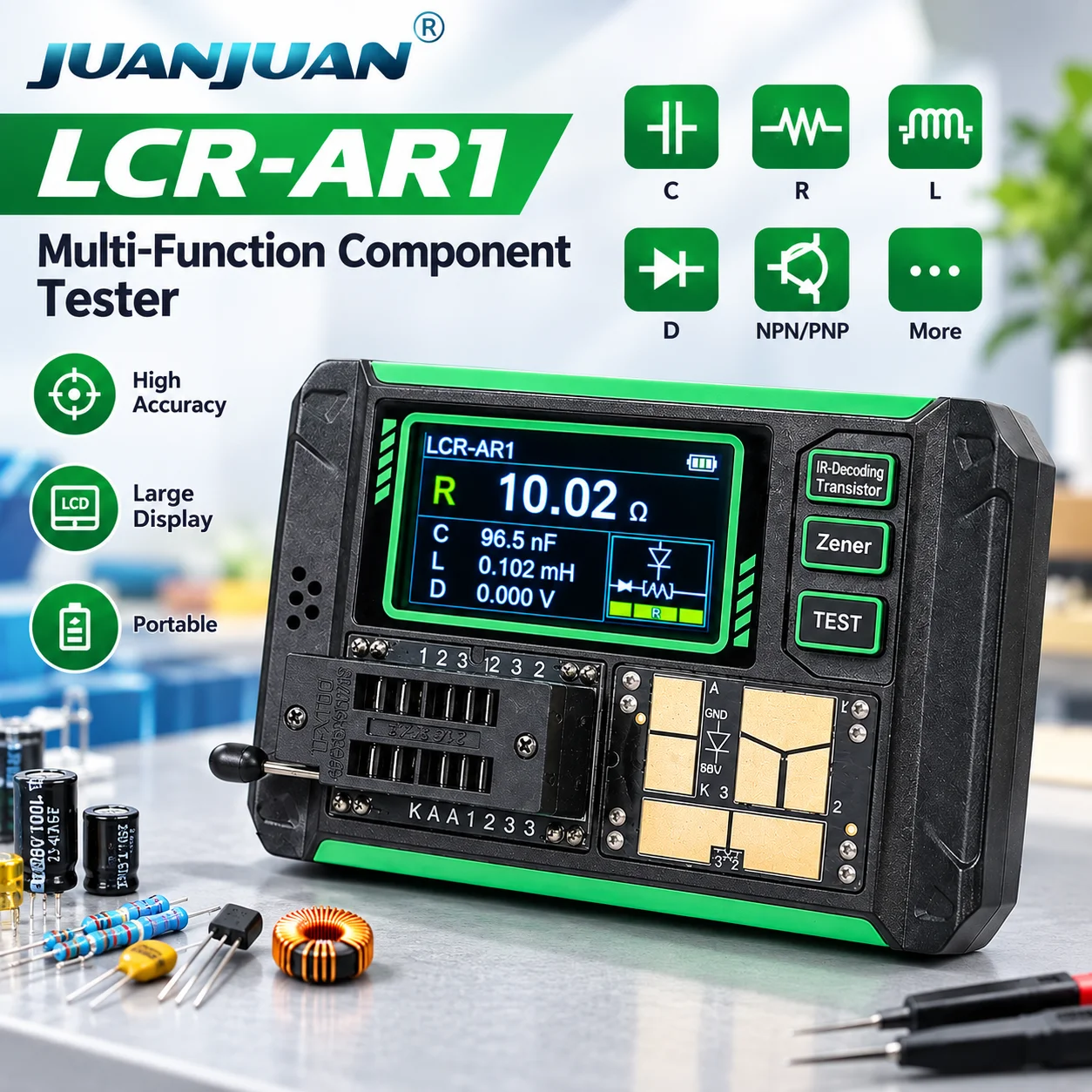 LCR-AR1 Transistor Tester Multifunctional Electronic Component Tester LCR Meter Resistance Capacitance Diode Zener Tester Suppor