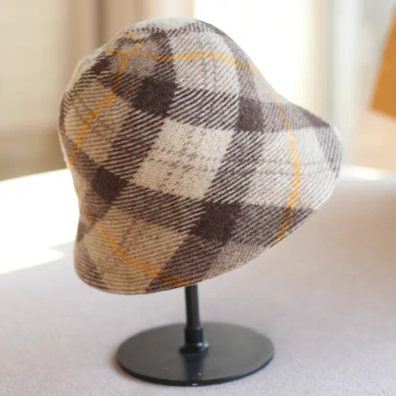 

Модная винтажная шляпа-ведро в клетку из 100% шерсти, осенне-зимняя рыбацкая кепка хорошего качества, теплая украшает женский подарок