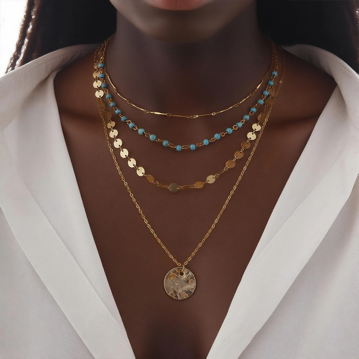 

2025 New Multi-layer Metal Chains Round Sequin Pendant Necklaces for Women Boho Ethnic Style Neck Jewelry Accessories Gifts