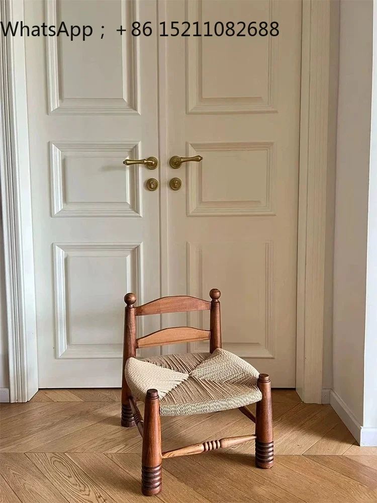 SCY vintage solid wood single rattan chair, used used rattan weaving small chair, home shoe bench