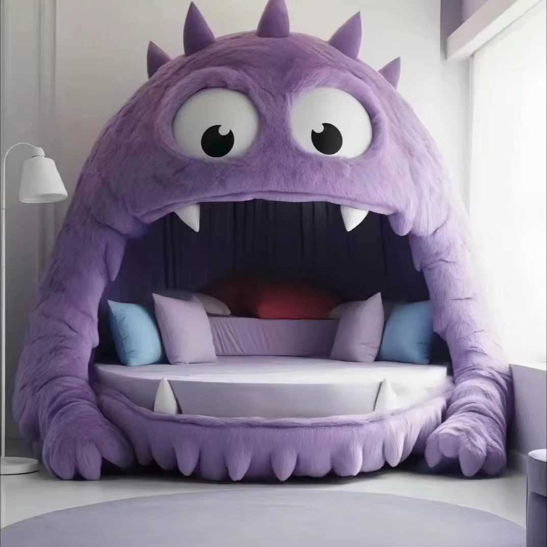 

Modern Children's Monster King-Size Upholstered Beds with Metal Frame Round Design for Bedroom Furniture